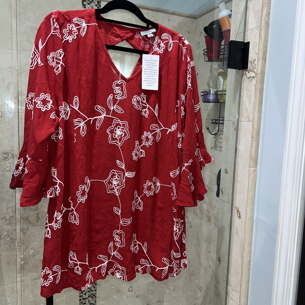 Catherines Petite Orange Red Floral Bell Sleeve Top 1XWP 42-0793-2 Blouse New